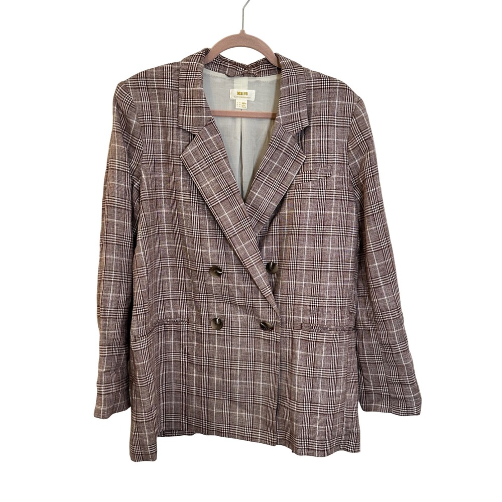 Maeve Anthropologie Double Breasted Blazer Size 12 Brown Plaid Cotton Linen